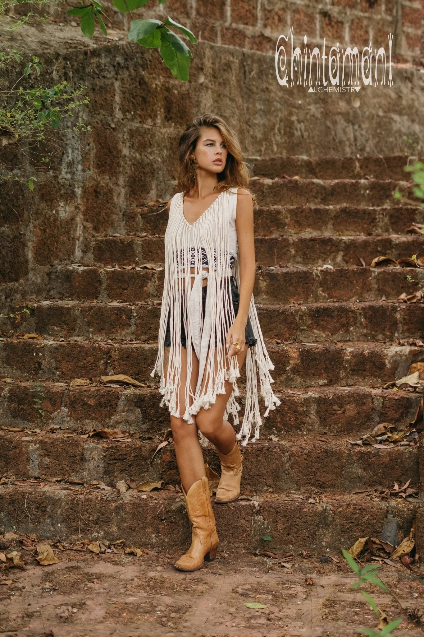 Rope Necklace Boho Top with Tribal Belt / Light Gray