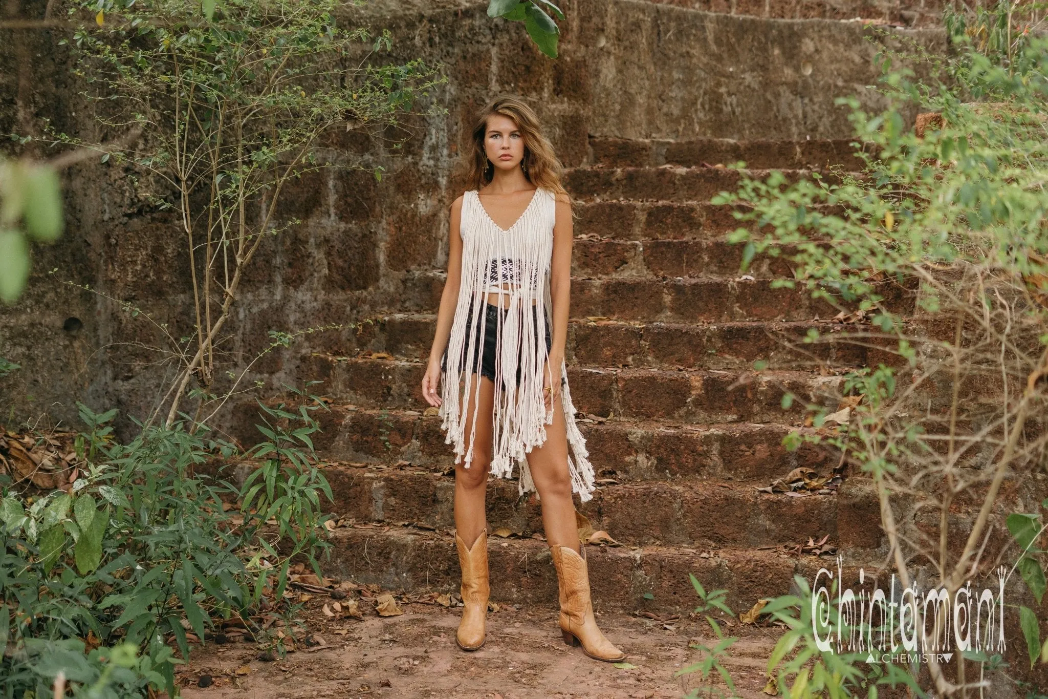 Rope Necklace Boho Top with Tribal Belt / Light Gray