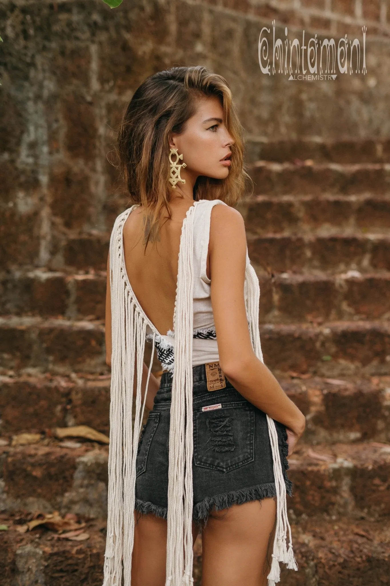 Rope Necklace Boho Top with Tribal Belt / Light Gray