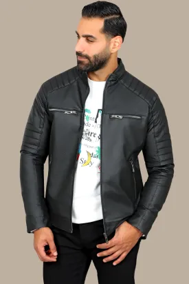 Rugged Elegance: Black Faux Leather Biker Jacket with Four Zippers