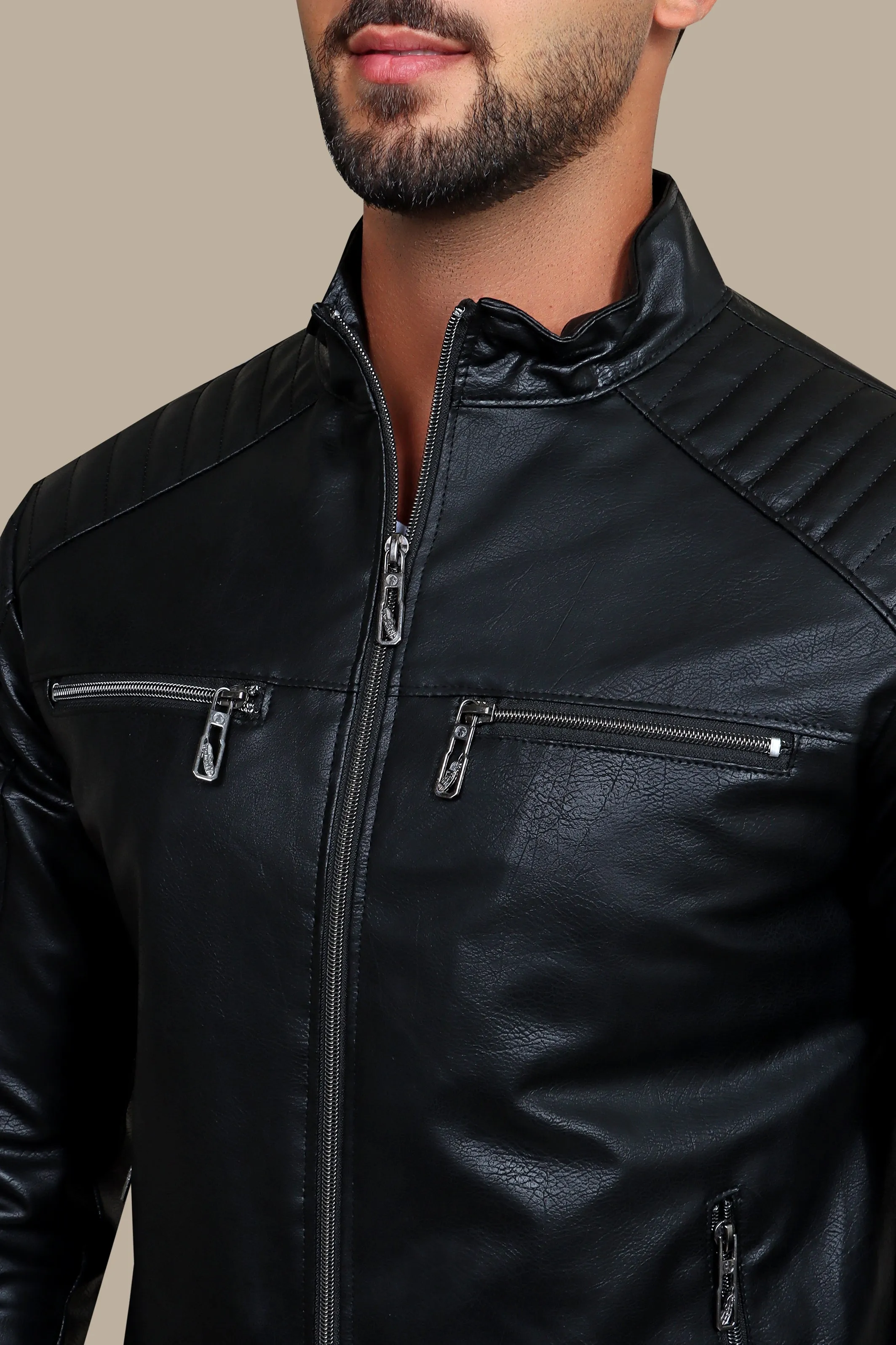 Rugged Elegance: Black Faux Leather Biker Jacket with Four Zippers