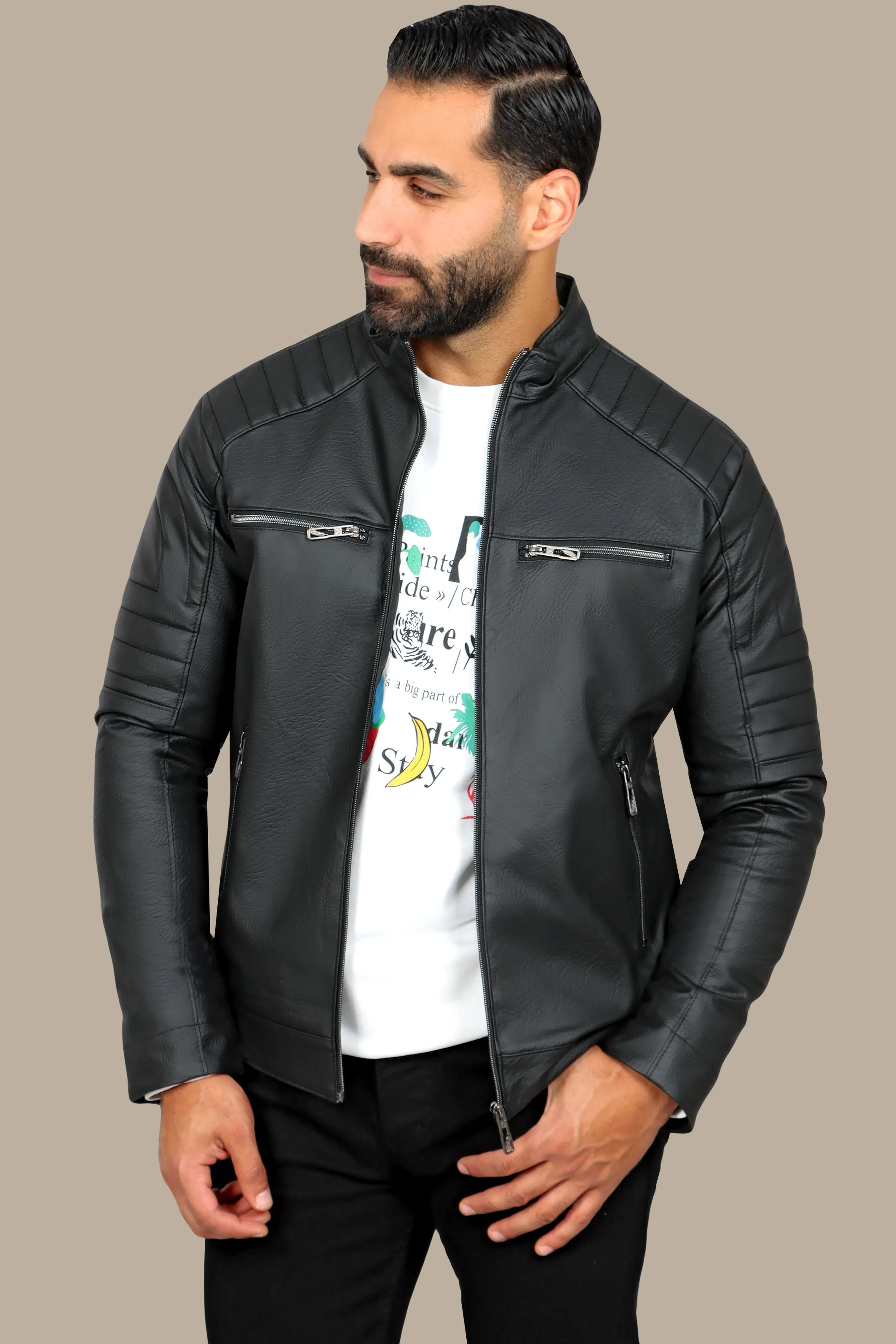 Rugged Elegance: Black Faux Leather Biker Jacket with Four Zippers