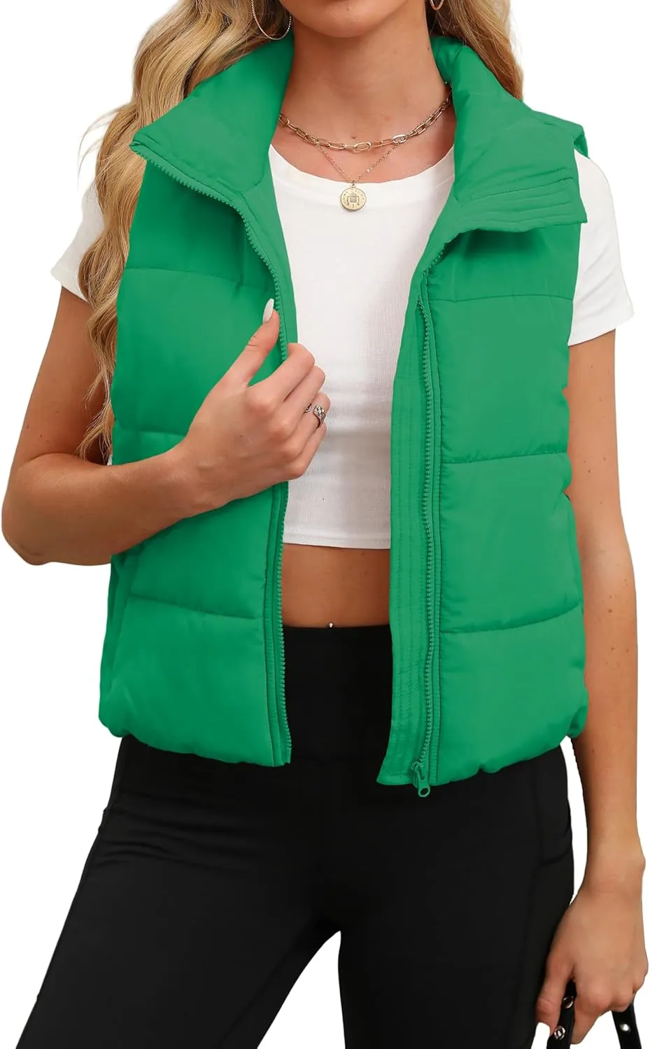 SAMPEEL Puffer Vest Women Cropped Stand Collar Lightweight Padded Outerwear Fall Winter Clothes Warm Zip Up with Pockets