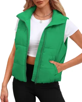 SAMPEEL Puffer Vest Women Cropped Stand Collar Lightweight Padded Outerwear Fall Winter Clothes Warm Zip Up with Pockets