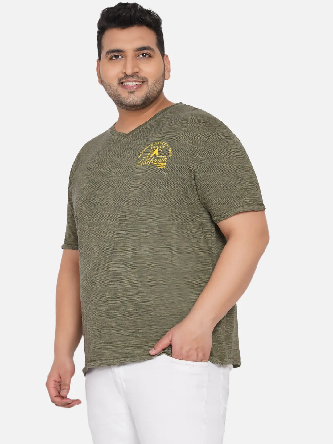 Soho - Men Olive Plus Size Regular Fit V-Neck  Stripes Graphic Printed Casual T-Shirt