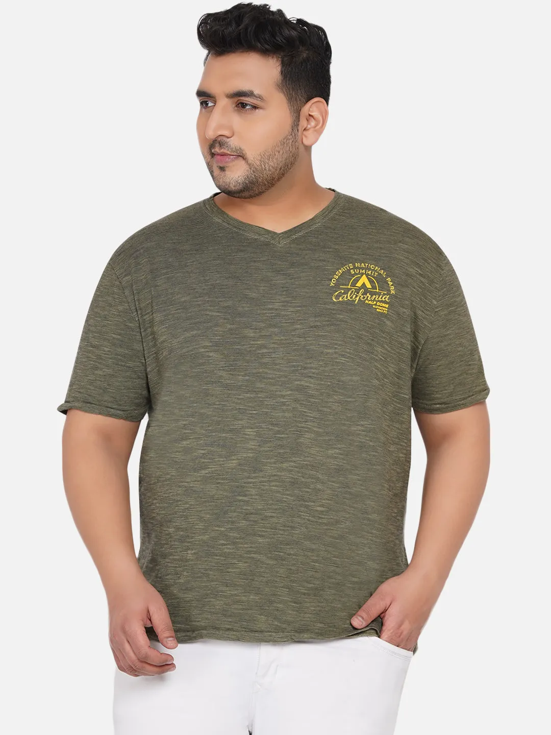 Soho - Men Olive Plus Size Regular Fit V-Neck  Stripes Graphic Printed Casual T-Shirt