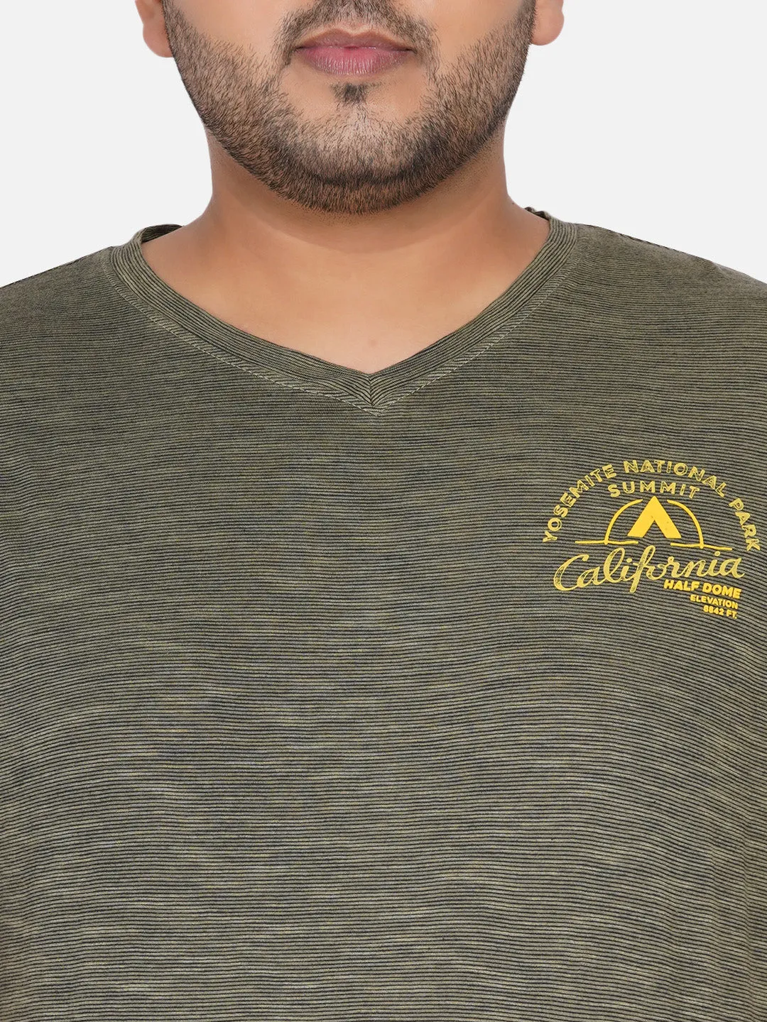 Soho - Men Olive Plus Size Regular Fit V-Neck  Stripes Graphic Printed Casual T-Shirt