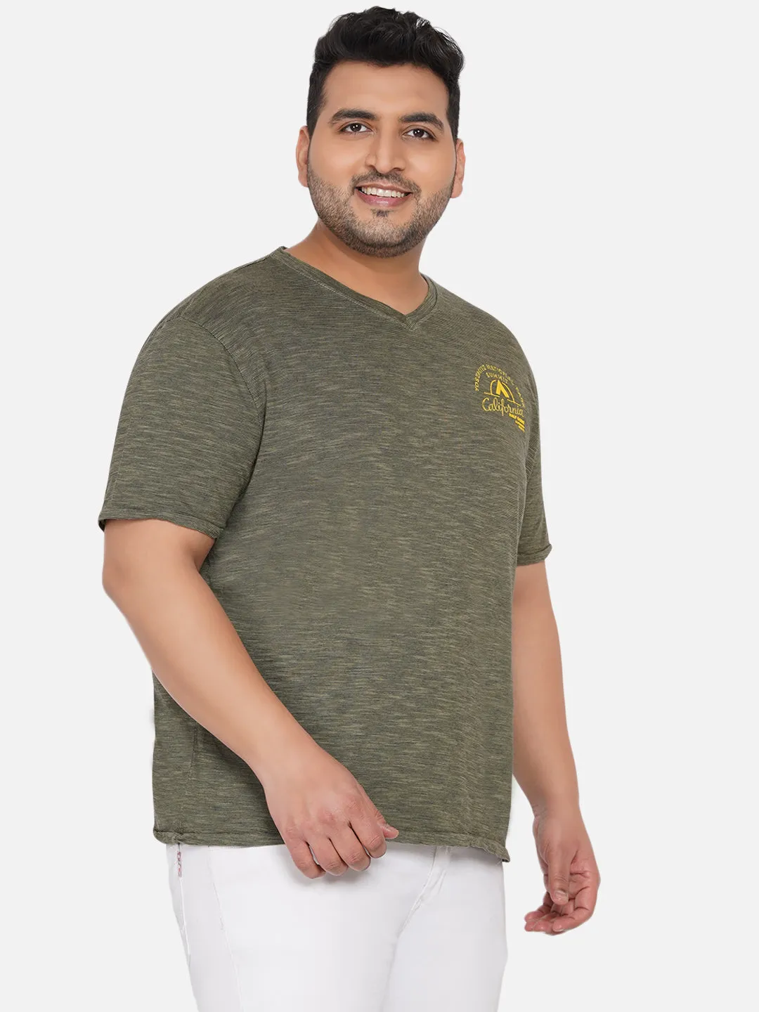 Soho - Men Olive Plus Size Regular Fit V-Neck  Stripes Graphic Printed Casual T-Shirt