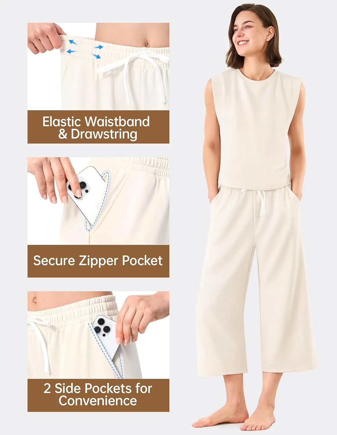 SPECIALMAGIC Capri Pants for Women Wide Leg Yoga Cropped Pants with Pockets 22" High Waist Lounge Yoga Casual