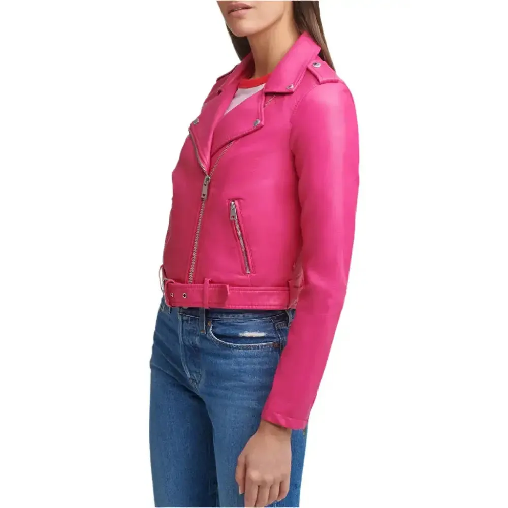 Stylish Bright Pink Women's Biker Leather Jacket - Bold & Trendy