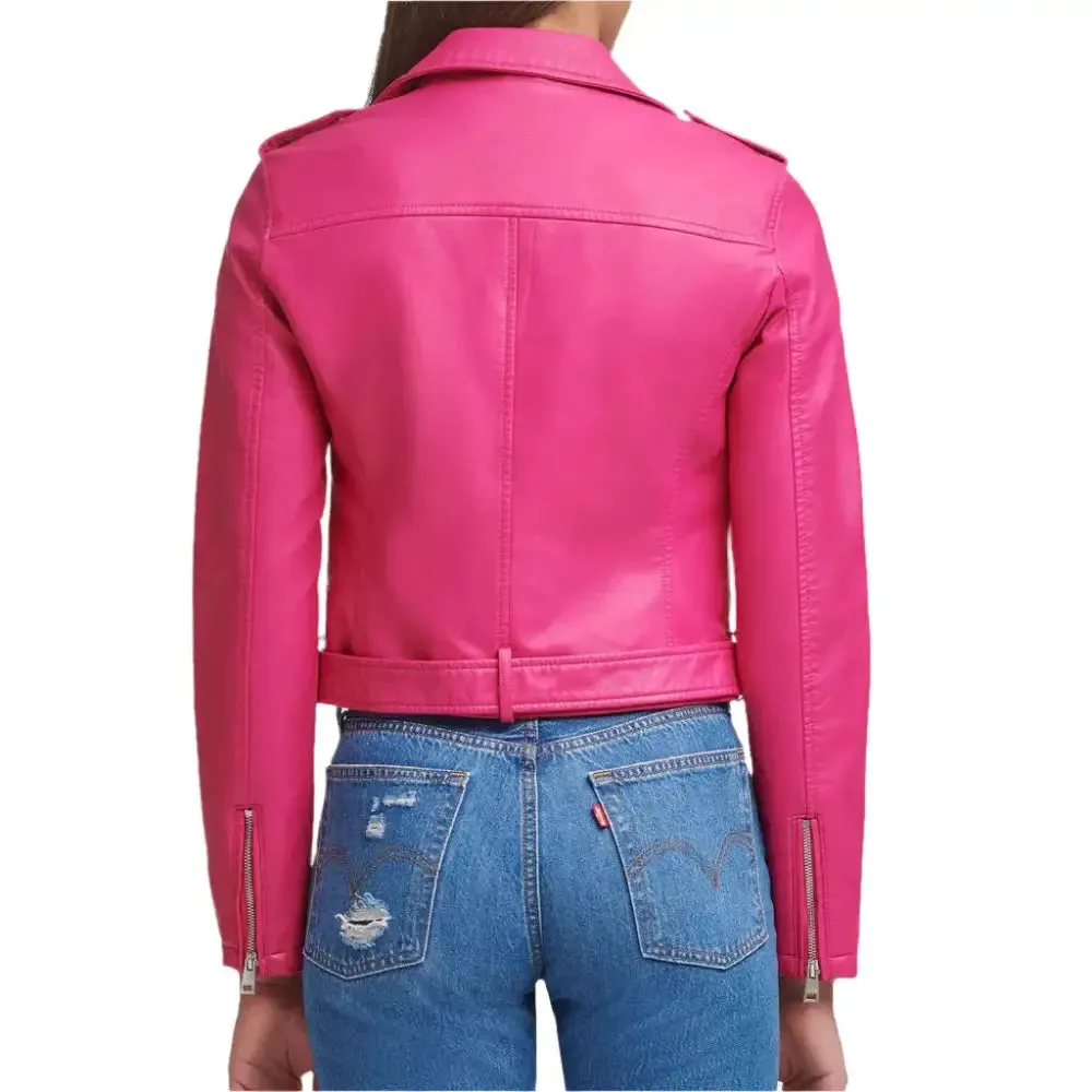 Stylish Bright Pink Women's Biker Leather Jacket - Bold & Trendy
