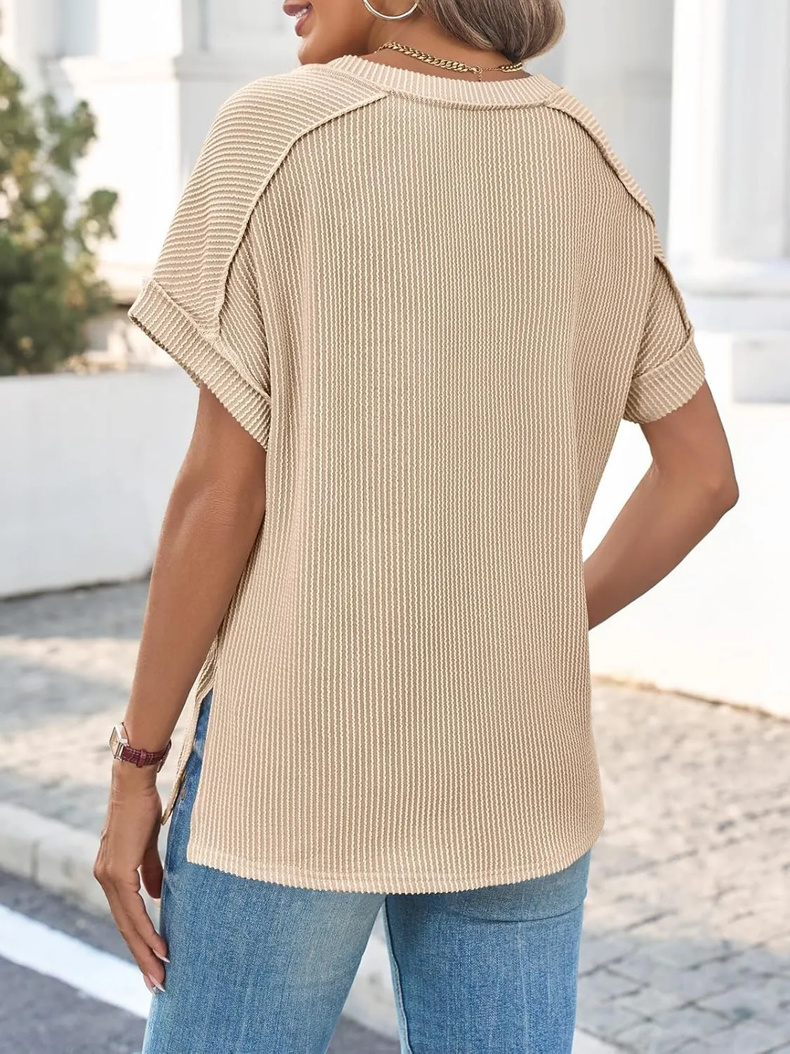 Tankaneo Womens Oversized V Neck Tshirts Summer Ribbed Knit Short Sleeve Tunic Tops Casual Loose Fit Tee Shirts