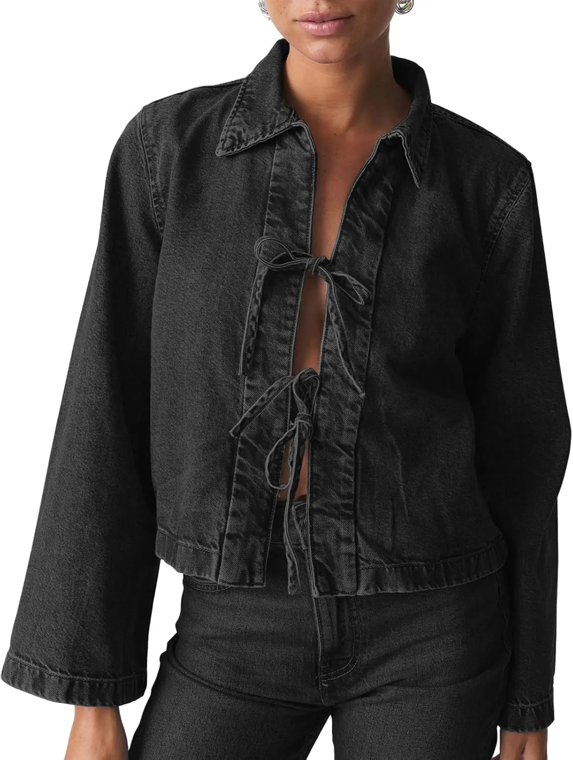 Tkuycn Women Cropped Denim Jacket Tie Front Lapel Neck Long Sleeve Jean Coat Lightweight Shacket Fall Jacket