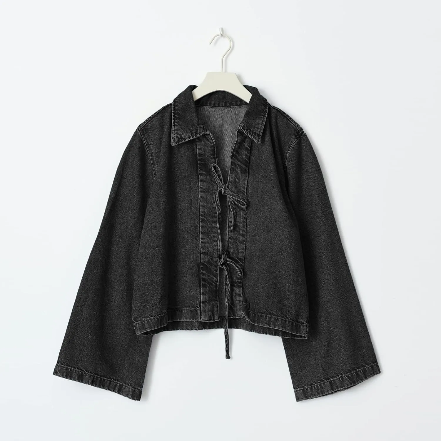 Tkuycn Women Cropped Denim Jacket Tie Front Lapel Neck Long Sleeve Jean Coat Lightweight Shacket Fall Jacket