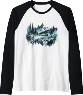 Tranquil Winter Mountain Landscape Reflection Raglan Baseball Tee