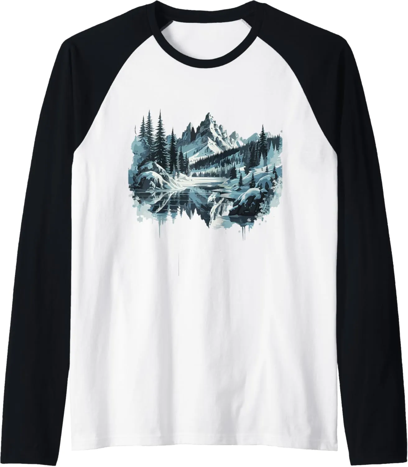 Tranquil Winter Mountain Landscape Reflection Raglan Baseball Tee