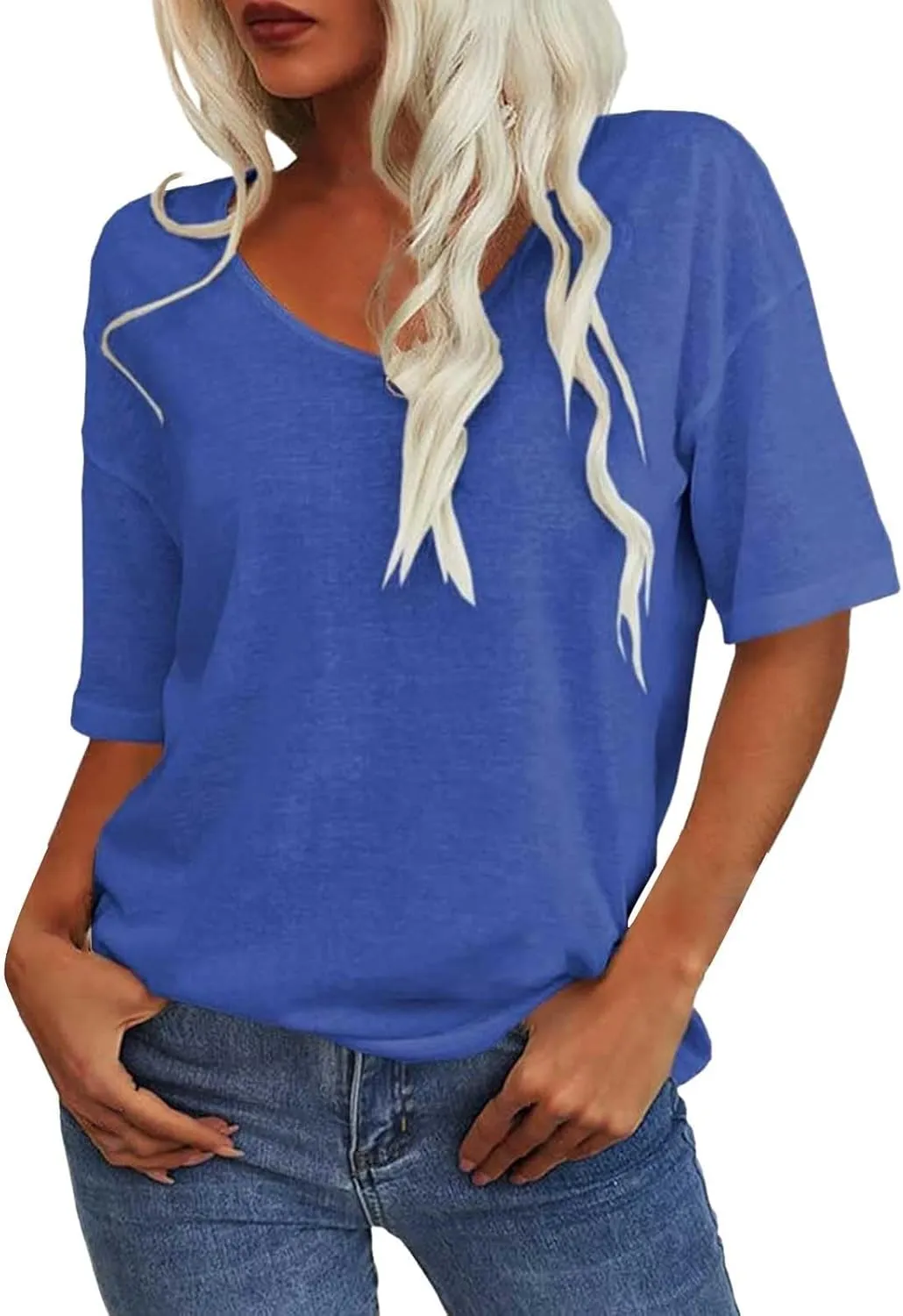 Tranquilm T Shirts, Tranquilm Women's Solid Color V-Neck Casual 2025 Summer Short Sleeve Loose Fit Tees Casual Tops
