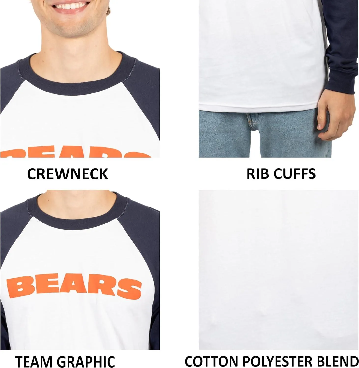 Ultra Game NFL Official Adults Super Soft Raglan Baseball Long Sleeve T-Shirt - Unisex, Chicago Bears, White|Chicago Bears