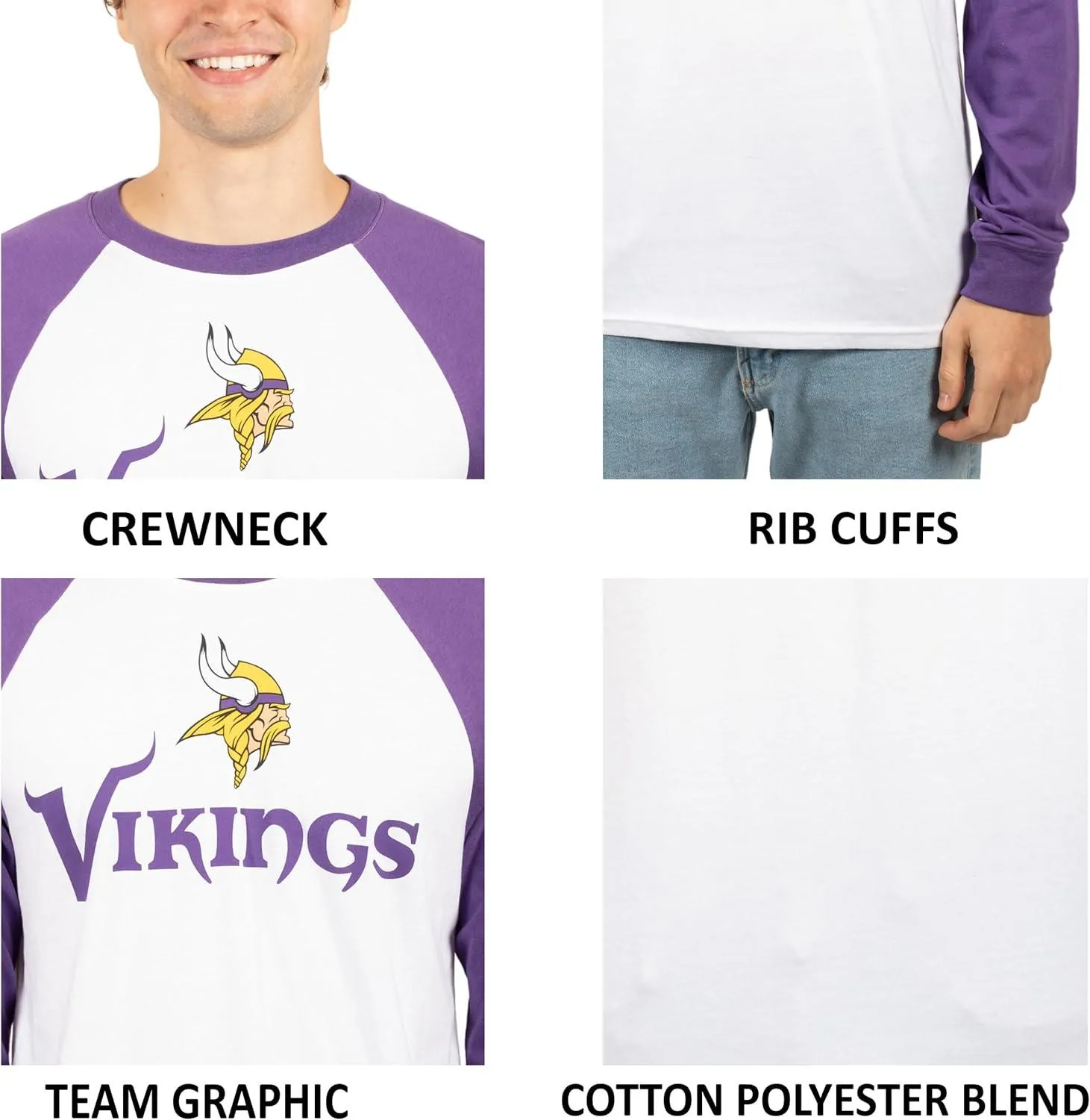 Ultra Game NFL Official Adults Super Soft Raglan Baseball Long Sleeve T-Shirt - Unisex, Minnesota Vikings, White| Minnesota Vikings