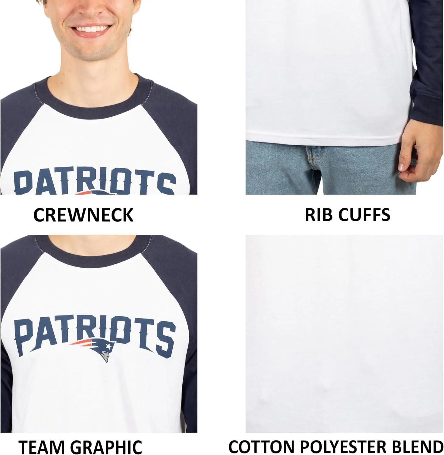 Ultra Game NFL Official Adults Super Soft Raglan Baseball Long Sleeve T-Shirt - Unisex, New England Patriots, White|New England Patriots