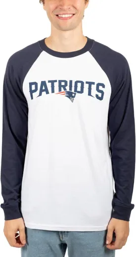 Ultra Game NFL Official Adults Super Soft Raglan Baseball Long Sleeve T-Shirt - Unisex, New England Patriots, White|New England Patriots