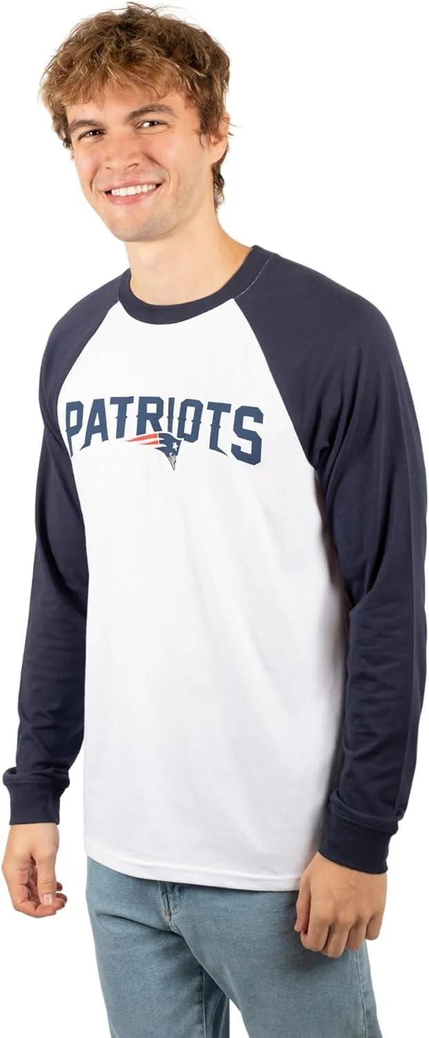 Ultra Game NFL Official Adults Super Soft Raglan Baseball Long Sleeve T-Shirt - Unisex, New England Patriots, White|New England Patriots