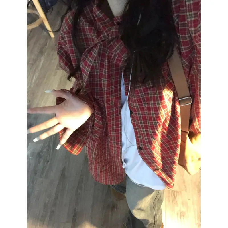 Uniwim 90s streetwear American Style Retro Red Plaid Shirt Women's Spring/Autumn/Winter Loose Design Sense Small Long Sleeve Shirt Jacket