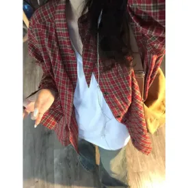 Uniwim 90s streetwear American Style Retro Red Plaid Shirt Women's Spring/Autumn/Winter Loose Design Sense Small Long Sleeve Shirt Jacket