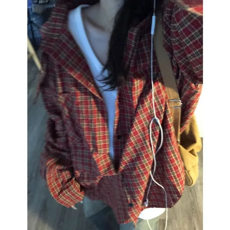 Uniwim 90s streetwear American Style Retro Red Plaid Shirt Women's Spring/Autumn/Winter Loose Design Sense Small Long Sleeve Shirt Jacket