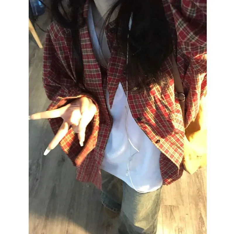 Uniwim 90s streetwear American Style Retro Red Plaid Shirt Women's Spring/Autumn/Winter Loose Design Sense Small Long Sleeve Shirt Jacket