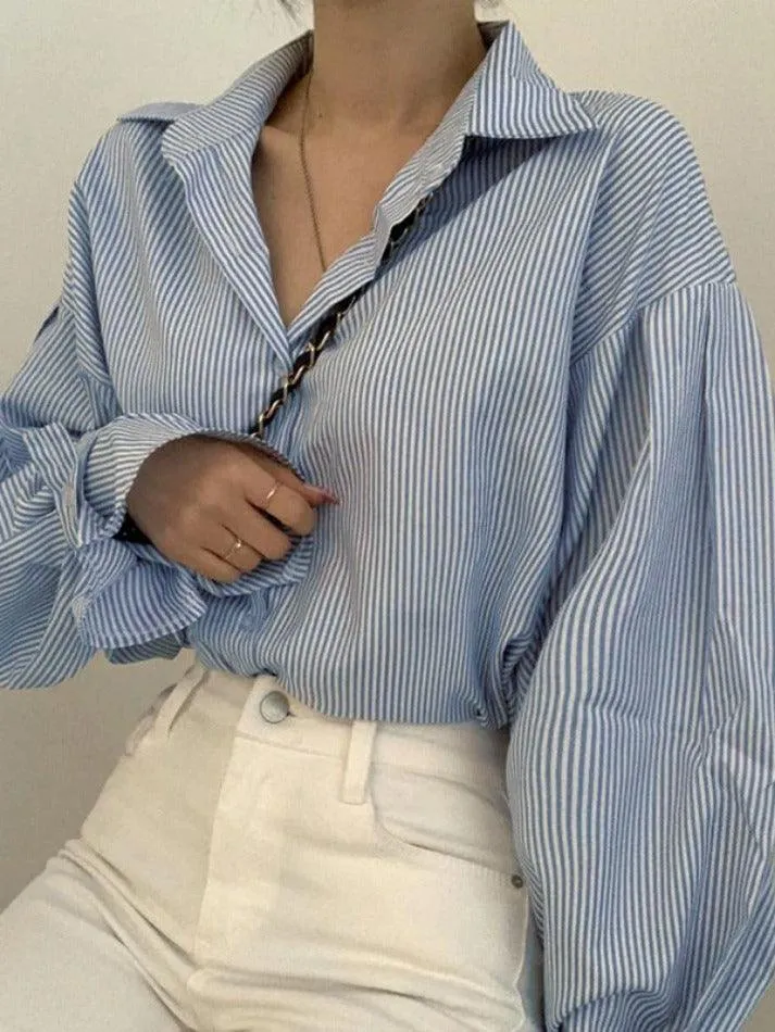Uniwim ootd Stripe Lantern Sleeve Long Sleeve Blouse