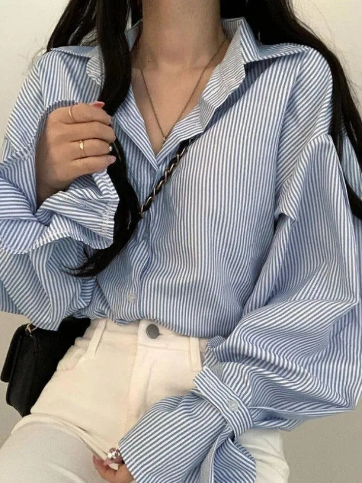 Uniwim ootd Stripe Lantern Sleeve Long Sleeve Blouse