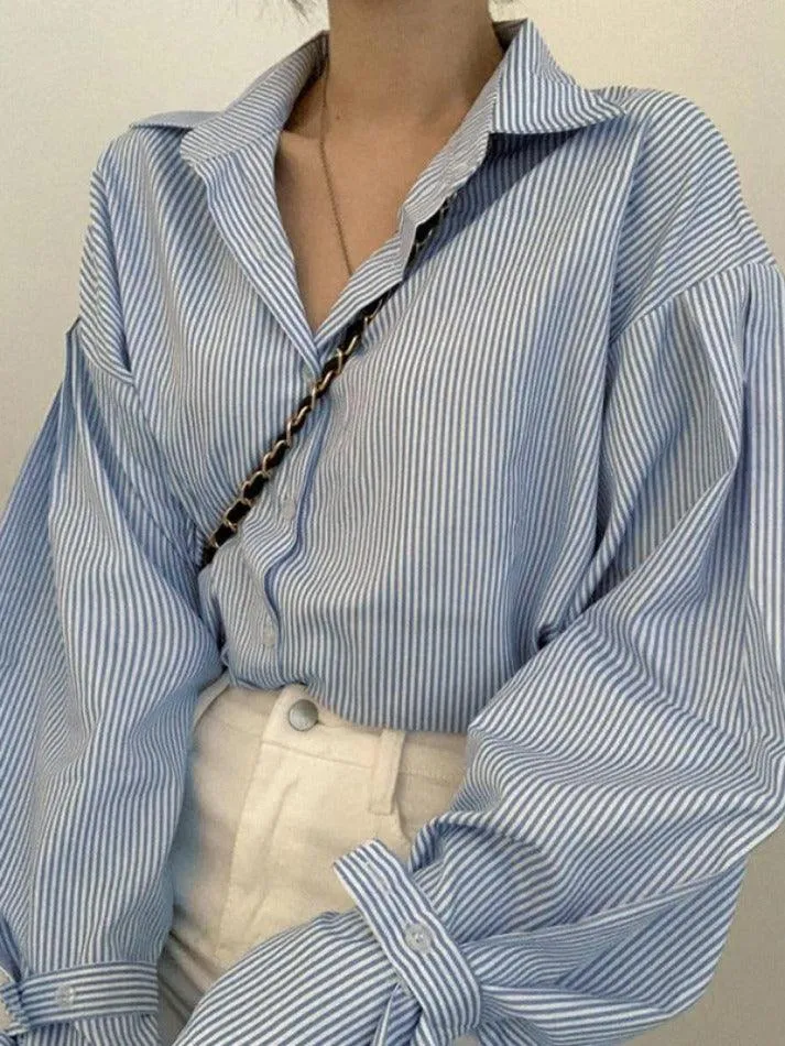 Uniwim ootd Stripe Lantern Sleeve Long Sleeve Blouse