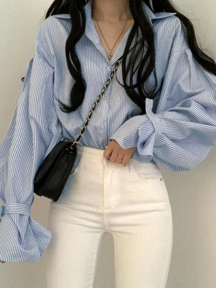 Uniwim ootd Stripe Lantern Sleeve Long Sleeve Blouse