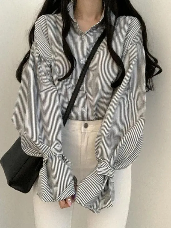 Uniwim ootd Stripe Lantern Sleeve Long Sleeve Blouse