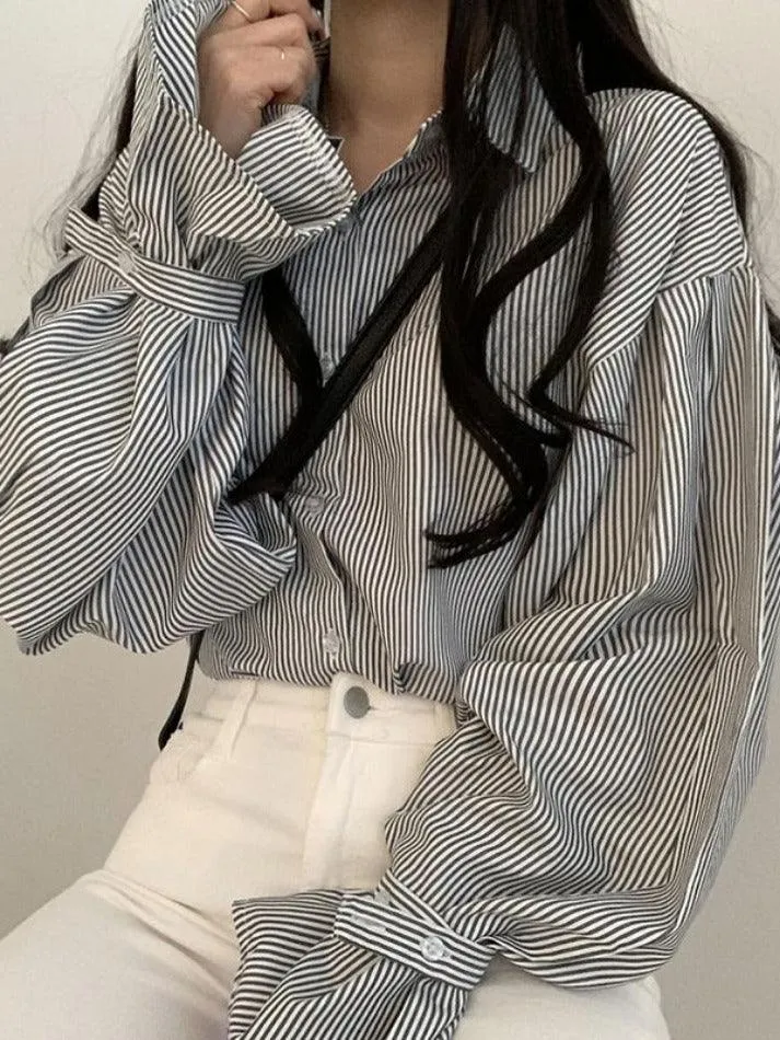 Uniwim ootd Stripe Lantern Sleeve Long Sleeve Blouse