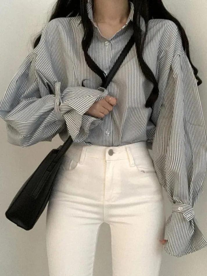 Uniwim ootd Stripe Lantern Sleeve Long Sleeve Blouse