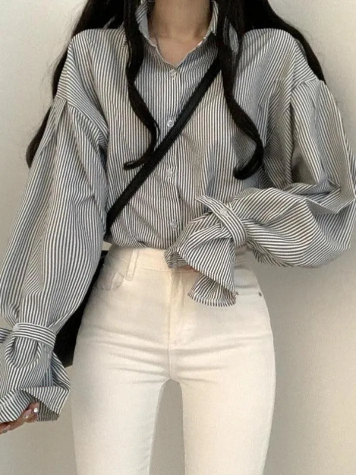 Uniwim ootd Stripe Lantern Sleeve Long Sleeve Blouse