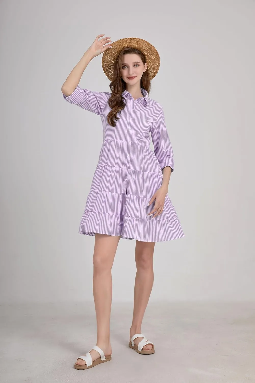 utcoco Womens Striped Button Down Midi Shirt Dress Casual Loose Cuffed Long Sleeve Mid Long Dresses