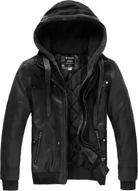wantdo Men's Faux Leather Jacket with Removable Hood Motorcycle Jacket Casual Warm Winter Coat