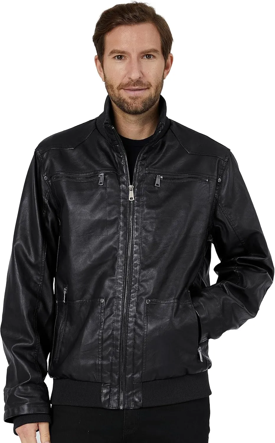 wantdo Men's Faux Leather Jacket with Removable Hood Motorcycle Jacket Casual Warm Winter Coat