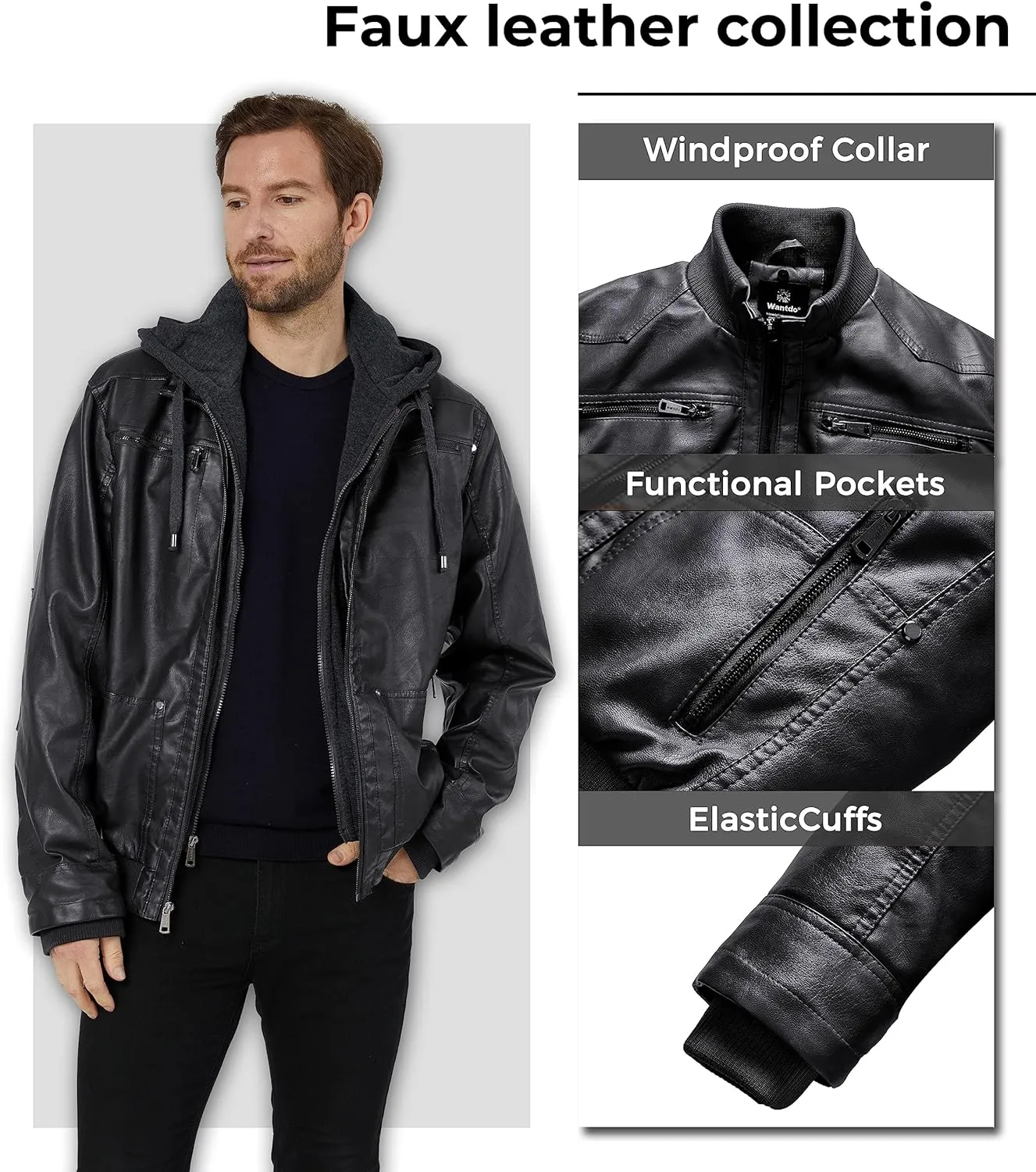 wantdo Men's Faux Leather Jacket with Removable Hood Motorcycle Jacket Casual Warm Winter Coat