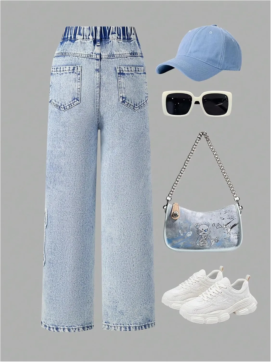 WDIRARA Girl's Bowknot Print Washed Jean Elastic Waist Denim Pants Straight Leg Trousers with Pockets