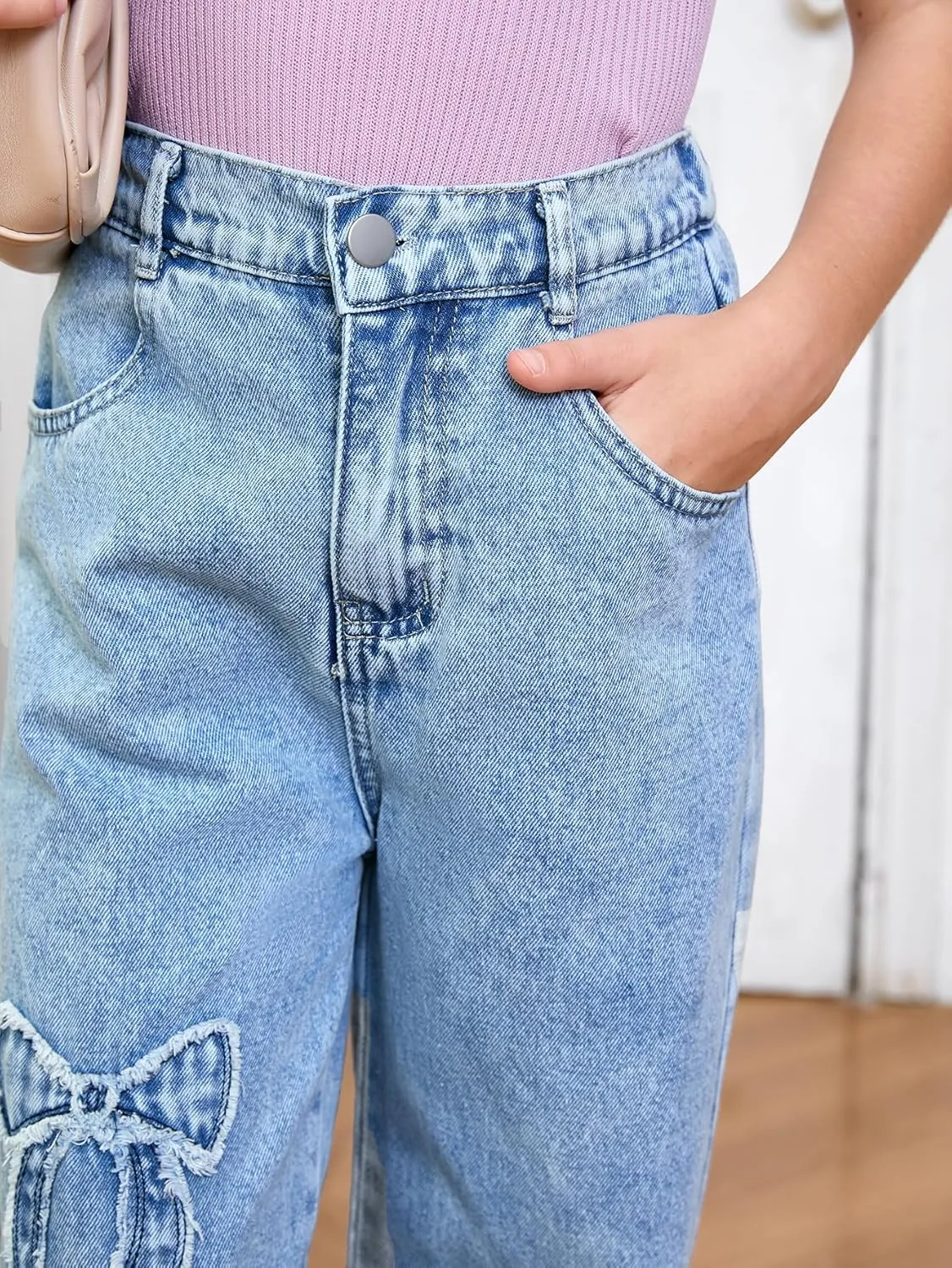 WDIRARA Girl's Bowknot Print Washed Jean Elastic Waist Denim Pants Straight Leg Trousers with Pockets