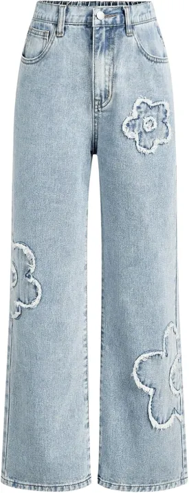 WDIRARA Girl's Bowknot Print Washed Jean Elastic Waist Denim Pants Straight Leg Trousers with Pockets