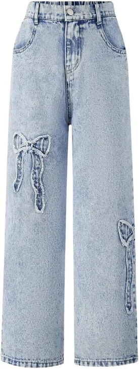 WDIRARA Girl's Bowknot Print Washed Jean Elastic Waist Denim Pants Straight Leg Trousers with Pockets