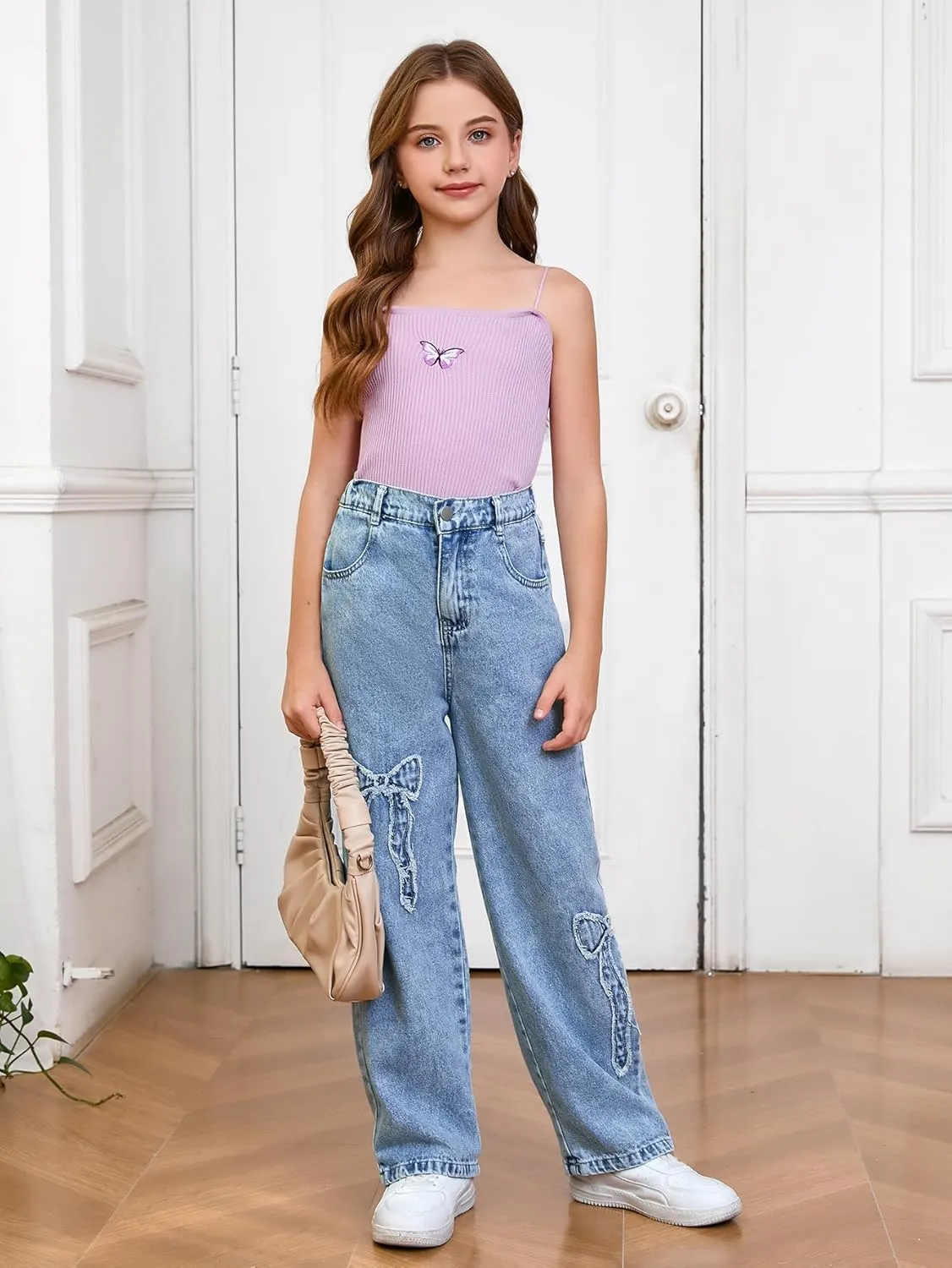 WDIRARA Girl's Bowknot Print Washed Jean Elastic Waist Denim Pants Straight Leg Trousers with Pockets