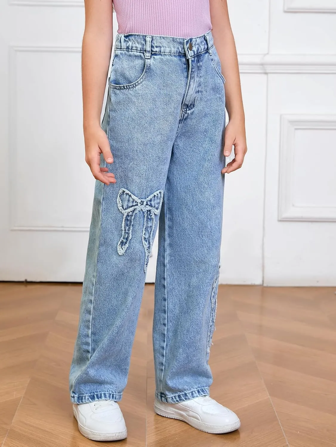 WDIRARA Girl's Bowknot Print Washed Jean Elastic Waist Denim Pants Straight Leg Trousers with Pockets