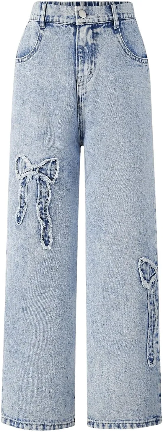 WDIRARA Girl's Bowknot Print Washed Jean Elastic Waist Denim Pants Straight Leg Trousers with Pockets