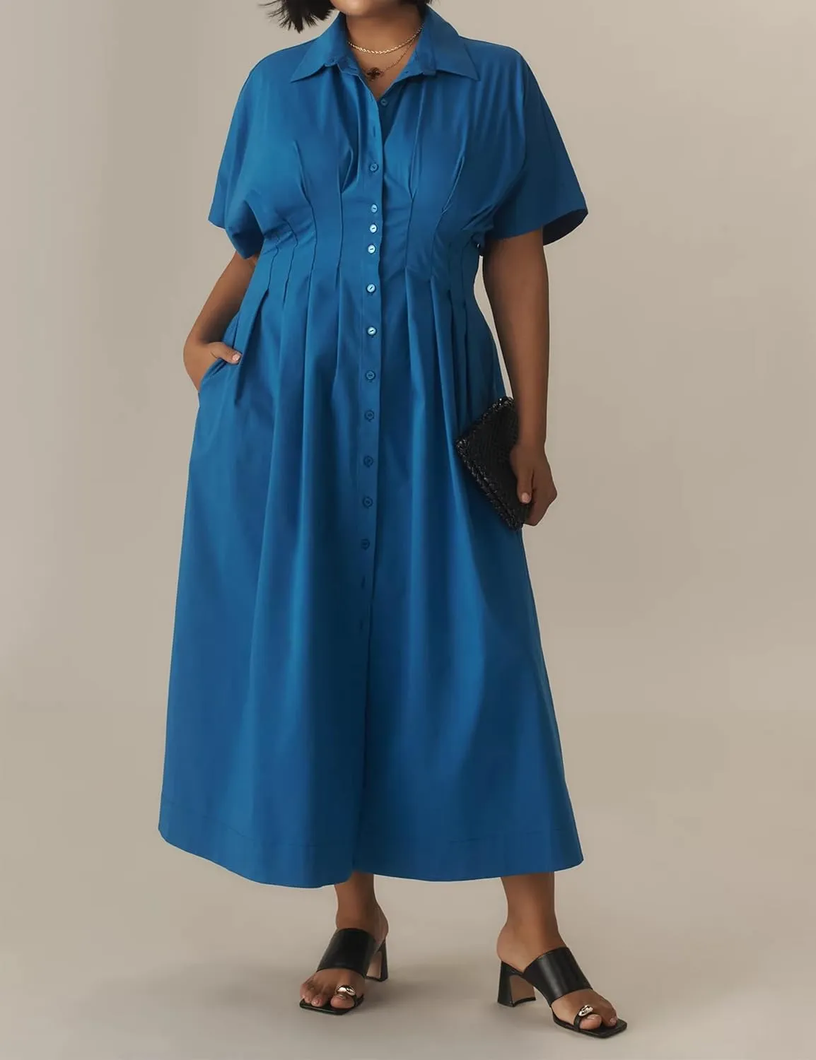 Women Casual Striped Button Down Pleated Shirt Maxi Dress Summer Lapel V Neck Short Sleeve Empire Waist Long Dress